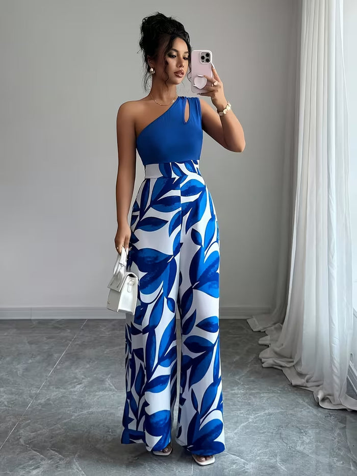 Women's Elegant One Shoulder Slit Floral Print Jumpsuit Size Large