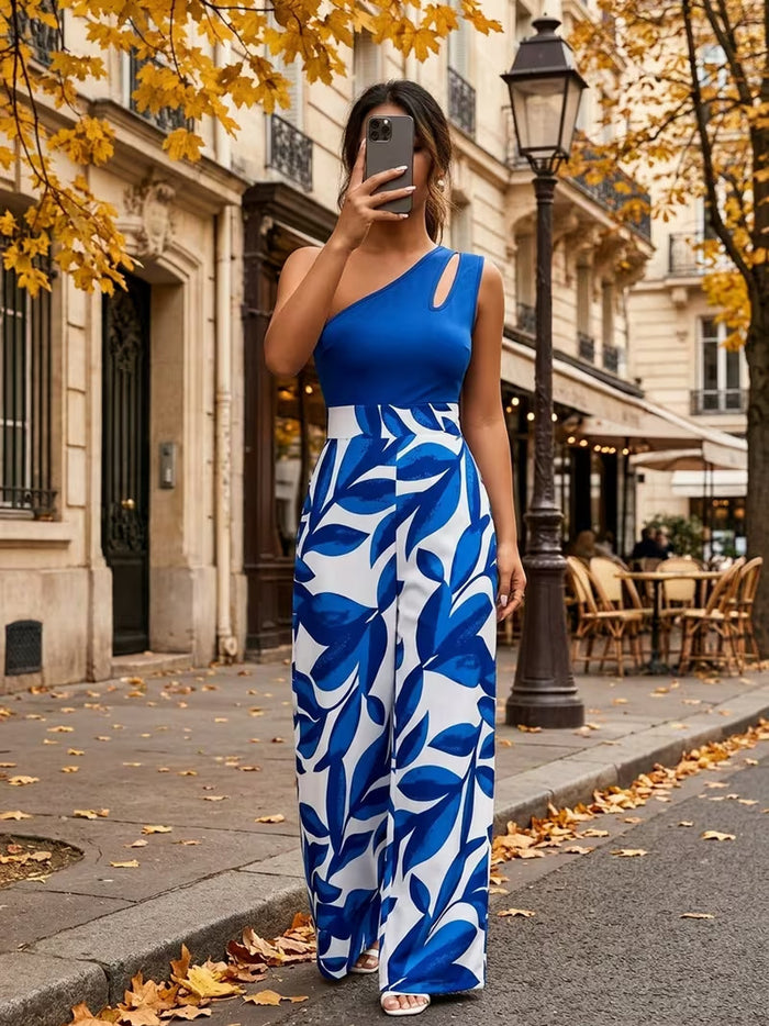 Women's Elegant One Shoulder Slit Floral Print Jumpsuit Size Large