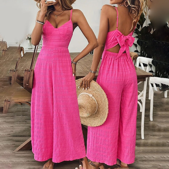 Women's Elegant Pink Sleeveless Jumpsuit With Back Bow V-Neck Palazzo Pants