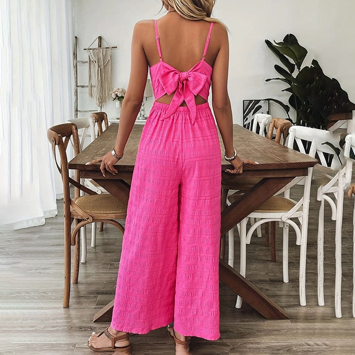 Women's Elegant Pink Sleeveless Jumpsuit With Back Bow V-Neck Palazzo Pants