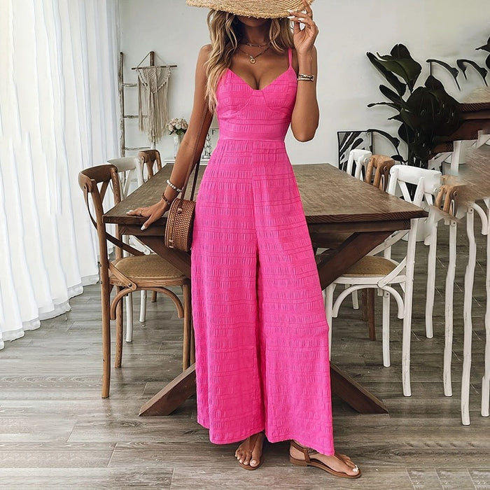 Women's Elegant Pink Sleeveless Jumpsuit With Back Bow V-Neck Palazzo Pants