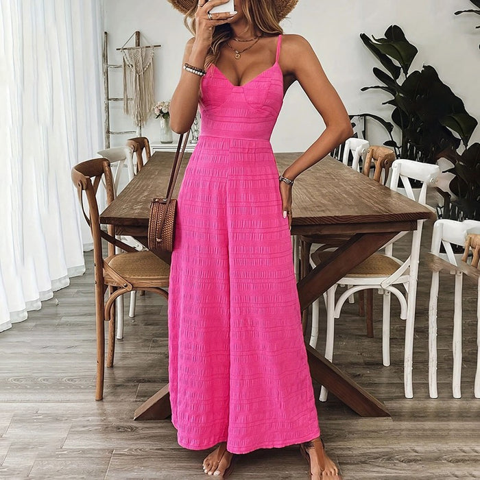 Women's Elegant Pink Sleeveless Jumpsuit With Back Bow V-Neck Palazzo Pants