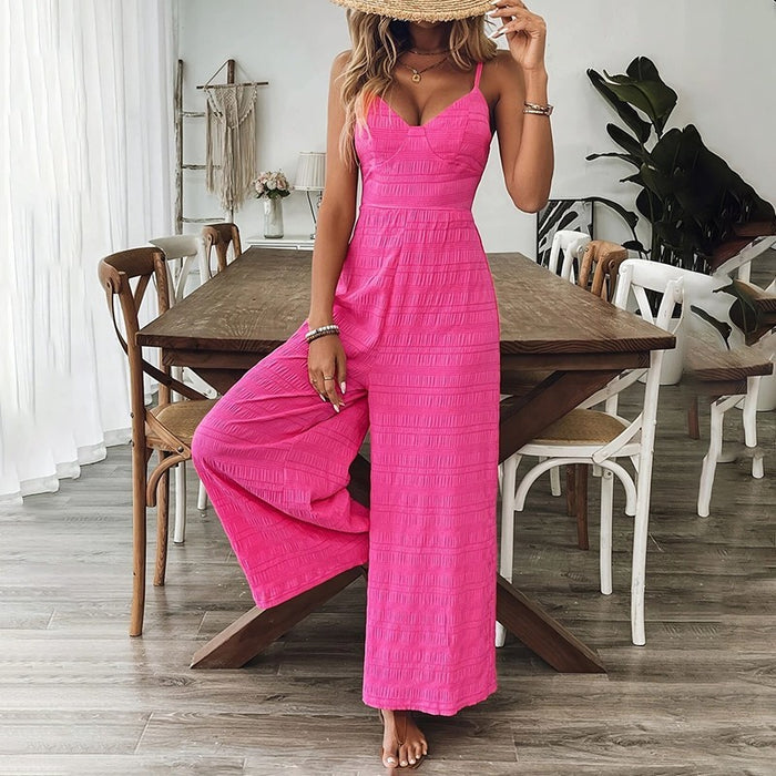 Women's Elegant Pink Sleeveless Jumpsuit With Back Bow V-Neck Palazzo Pants