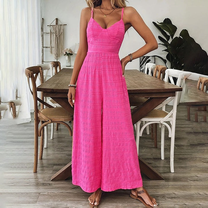 Women's Elegant Pink Sleeveless Jumpsuit With Back Bow V-Neck Palazzo Pants