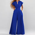 Women's Elegant Solid Color And V-neck Sleeveless Waist Wide-leg Jumpsuit tie