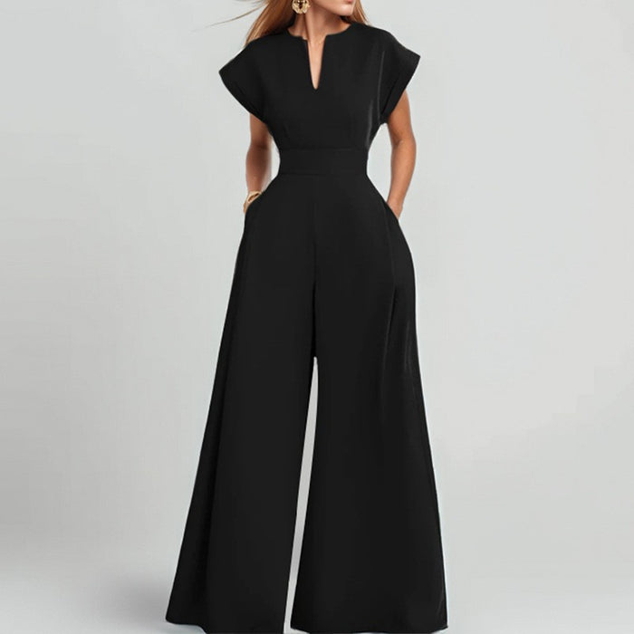 Women's Elegant Solid Color And V-neck Sleeveless Waist Wide-leg Jumpsuit tie