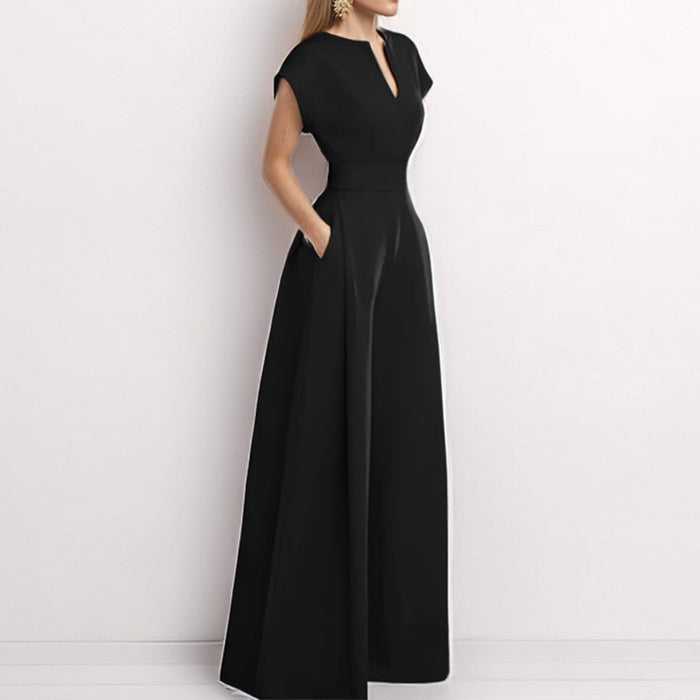 Women's Elegant Solid Color And V-neck Sleeveless Waist Wide-leg Jumpsuit tie