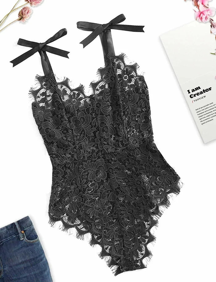 Women’s Eyelash Lace Teddy Bodysuit – Sexy One-Piece Babydoll Lingerie Sleepwear