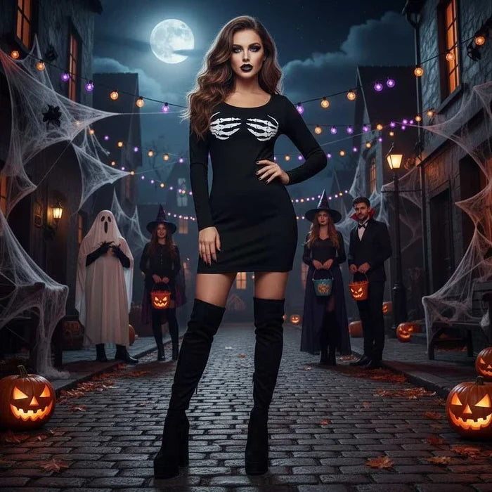 Women's Halloween Skeleton Hand Print Long Sleeve Bodycon Tunic Dress