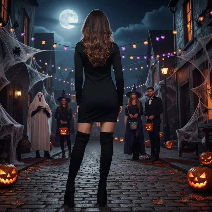 Women's Halloween Skeleton Hand Print Long Sleeve Bodycon Tunic Dress