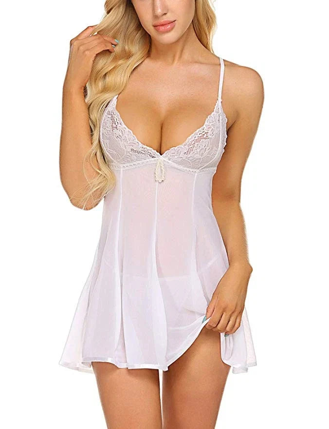 Women’s Lace Babydoll Lingerie Set with G-String – Sexy Nightwear Sleepwear Dress