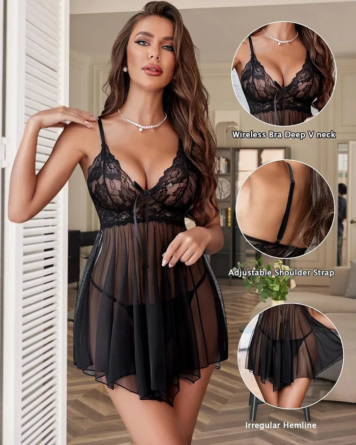 Women’s Lace Babydoll Lingerie Set with G-String – Sexy Sleepwear Nightwear Dress