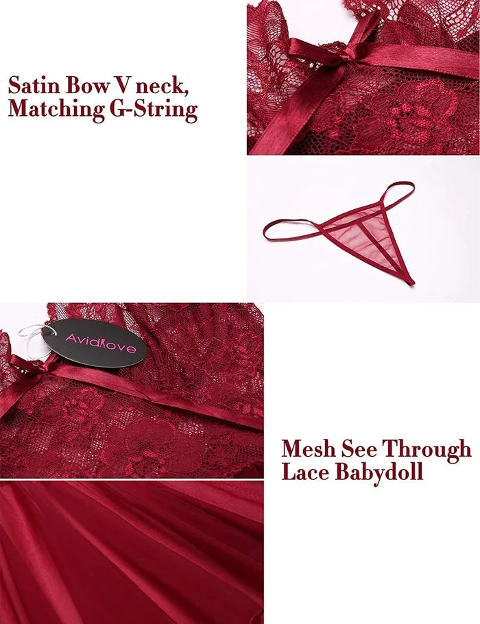 Women’s Lace Babydoll Lingerie Set with G-String – Sexy Sleepwear Nightwear Dress