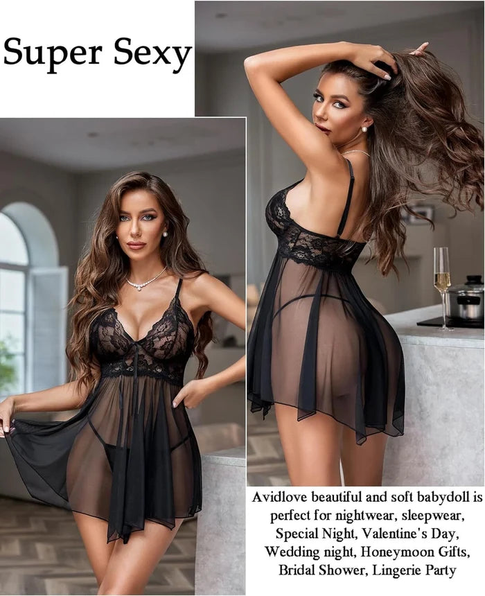 Women’s Lace Babydoll Lingerie Set with G-String – Sexy Sleepwear Nightwear Dress