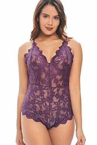Women's Lace Teddy One Piece Lingerie Bodysuit V Neck Sleepwear Size S