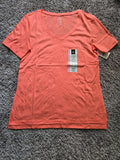Women's Ladies Solid Tee T Shirt Short Sleeve Peach V Neck Casual Top