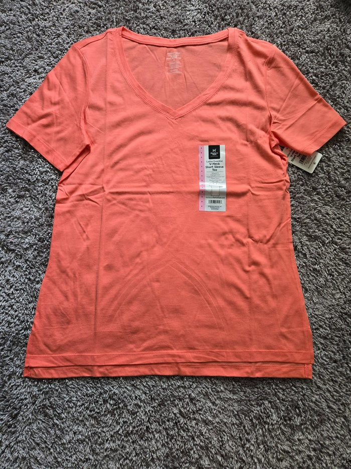 Women's Ladies Solid Tee T Shirt Short Sleeve Peach V Neck Casual Top