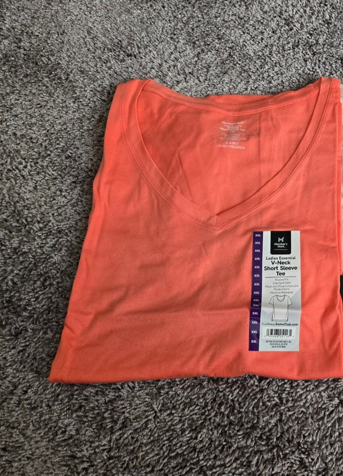 Women's Ladies Solid Tee T Shirt Short Sleeve Peach V Neck Casual Top