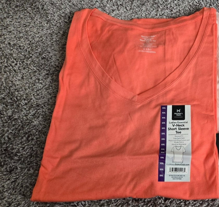 Women's Ladies Solid Tee T Shirt Short Sleeve Peach V Neck Casual Top