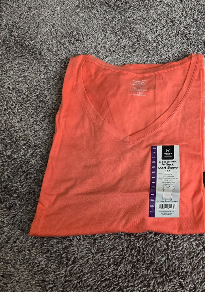 Women's Ladies Solid Tee T Shirt Short Sleeve Peach V Neck Casual Top