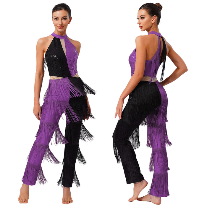 Womens Latin Jazz Ballroom Sequin Tassel Fringe Cha-cha Salsa Samba Jumpsuit