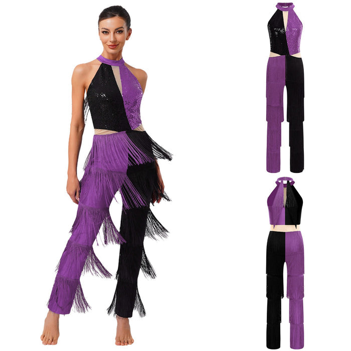 Womens Latin Jazz Ballroom Sequin Tassel Fringe Cha-cha Salsa Samba Jumpsuit