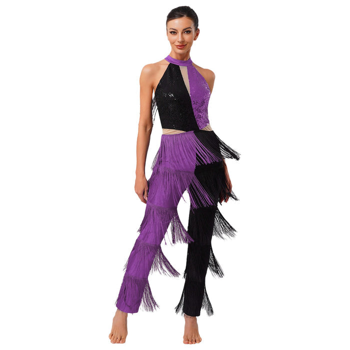Womens Latin Jazz Ballroom Sequin Tassel Fringe Cha-cha Salsa Samba Jumpsuit