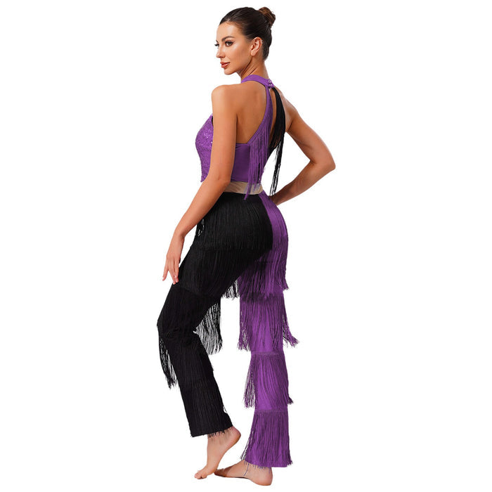 Womens Latin Jazz Ballroom Sequin Tassel Fringe Cha-cha Salsa Samba Jumpsuit