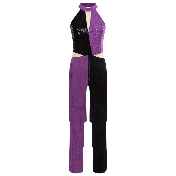 Womens Latin Jazz Ballroom Sequin Tassel Fringe Cha-cha Salsa Samba Jumpsuit