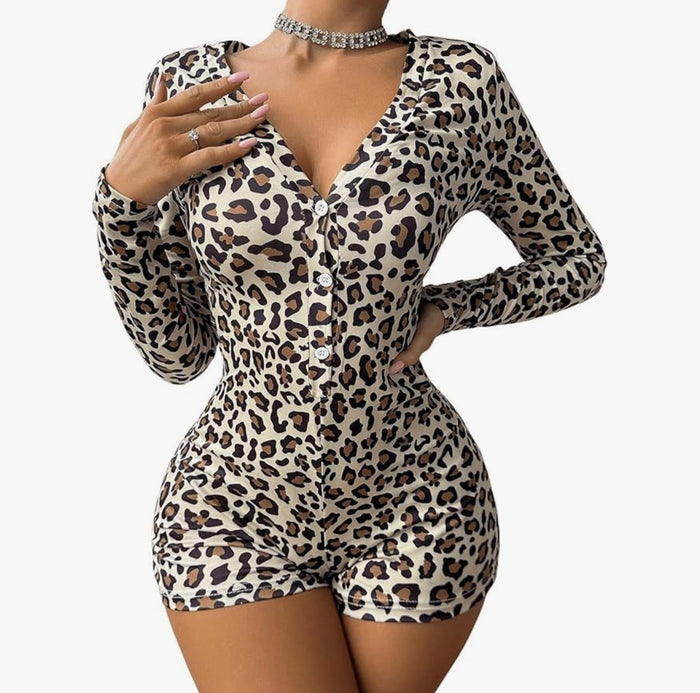 Women’s Leopard Print Long Sleeve Button Romper – Sexy V Neck One Piece Outfit