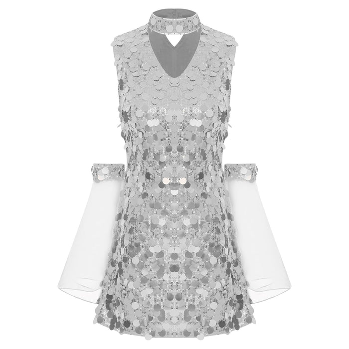 Women's Metallic Sequin Dress Festival Dresses Sleeve Party Sundress Mini