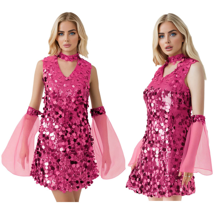 Women's Metallic Sequin Dress Festival Dresses Sleeve Party Sundress Mini