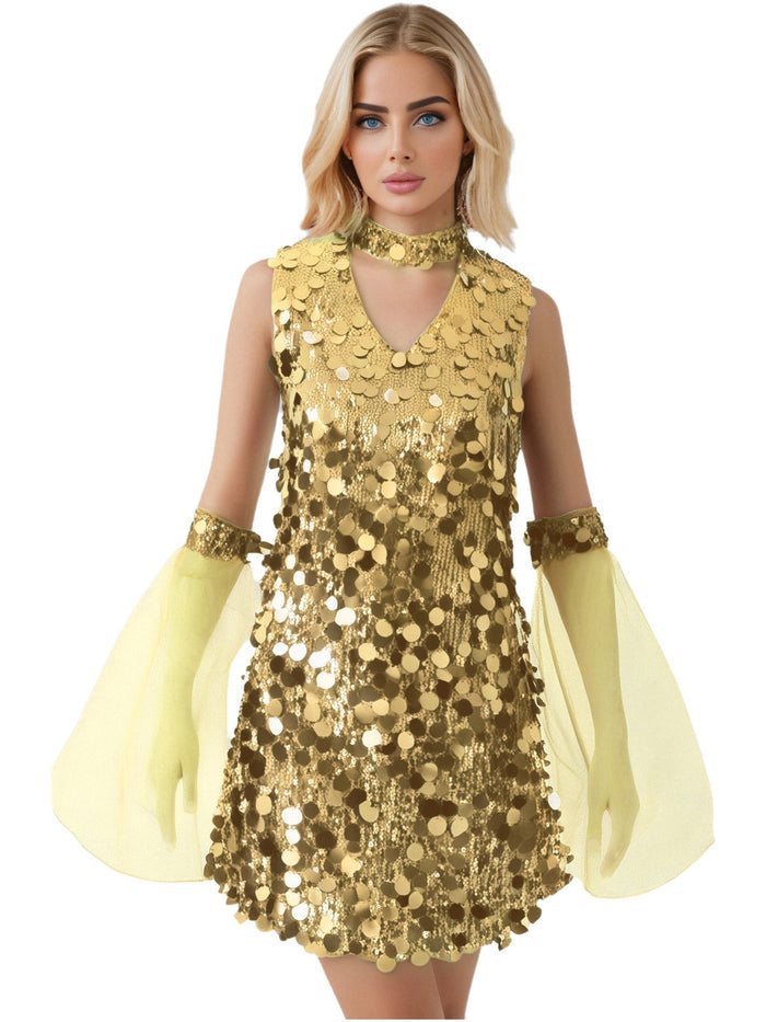 Women's Metallic Sequin Dress Festival Dresses Sleeve Party Sundress Mini