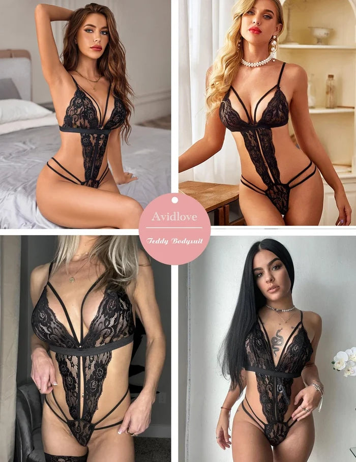 Women's One Piece Deep V Lace Bodysuit Babydoll Teddy Lingerie