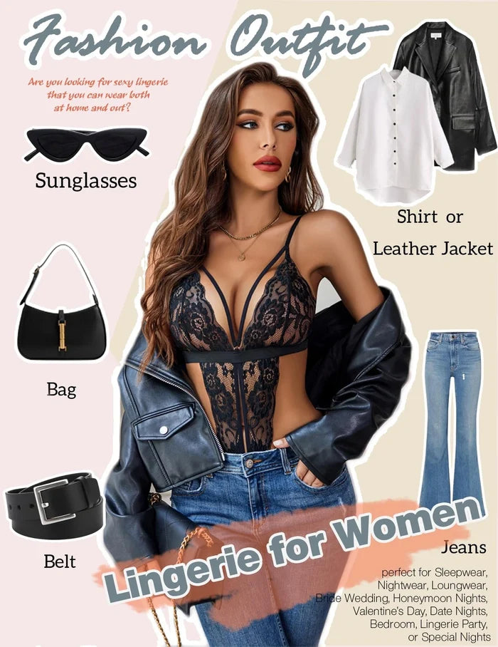 Women's One Piece Deep V Lace Bodysuit Babydoll Teddy Lingerie