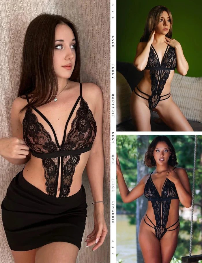 Women's One Piece Deep V Lace Bodysuit Babydoll Teddy Lingerie