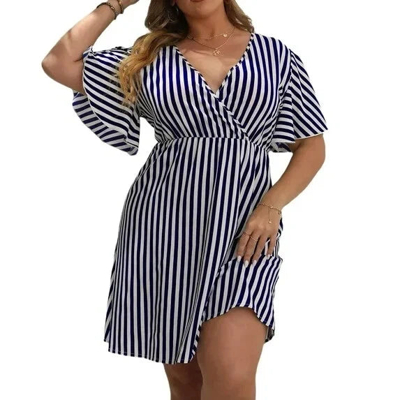 Women's Plus Size Dark Blue Striped V Neck Short Sleeve Loose Dress XL
