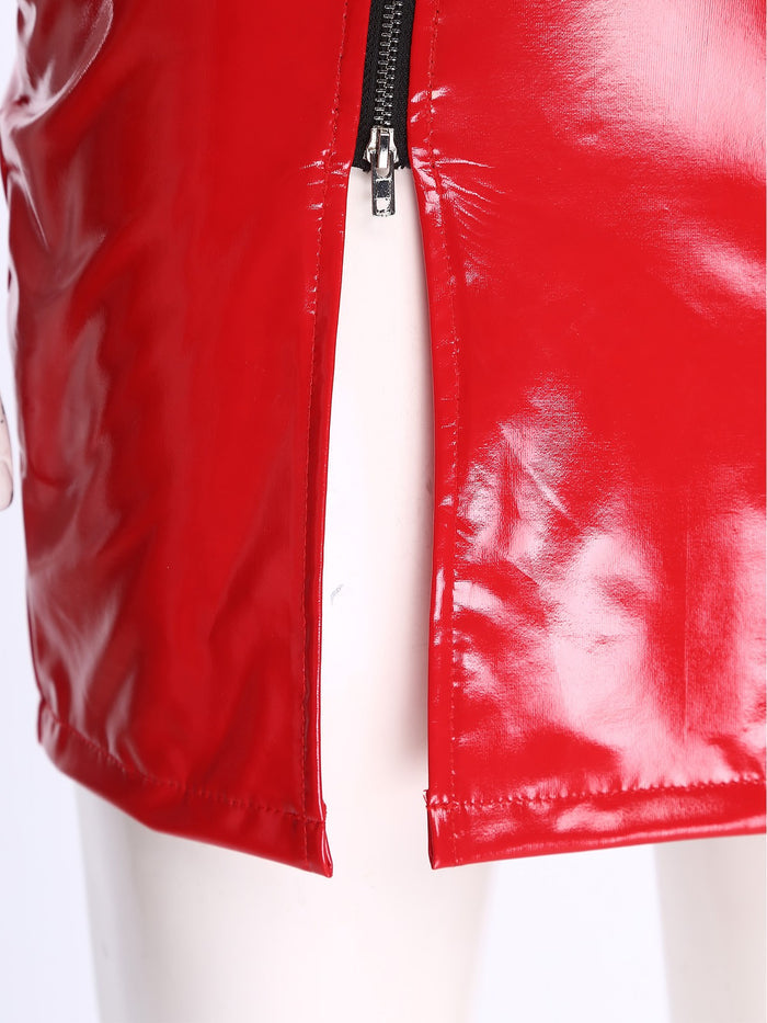 Womens PU Leather Sleeveless Mini Dress Front Zipper Side Slit Bodycon Dress