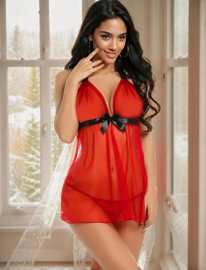 Women's Red Lace Babydoll Chemise Lingerie Set XXL with Black Ribbon Bow