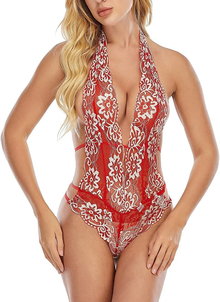 Women's Red Lace Deep V Halter Teddy One Piece Lingerie Bodysuit Size S