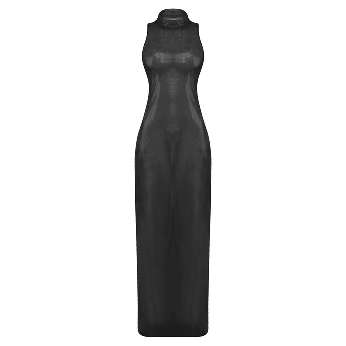 Womens See Through Maxi Dress Shiny Metallic Sheer Back Zipper Pencil Dress