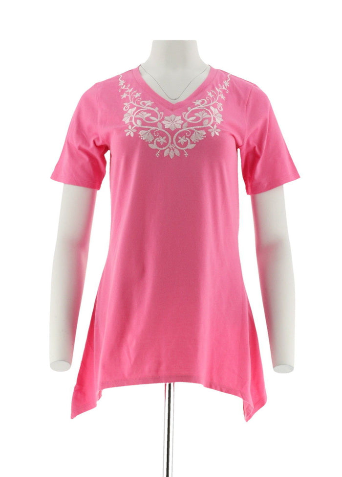 Women's Short Sleeve Shirt -Trapeze Hem, Embroidered, Knit Top Azalea Pink