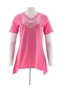 Women's Short Sleeve Shirt -Trapeze Hem, Embroidered, Knit Top Azalea Pink