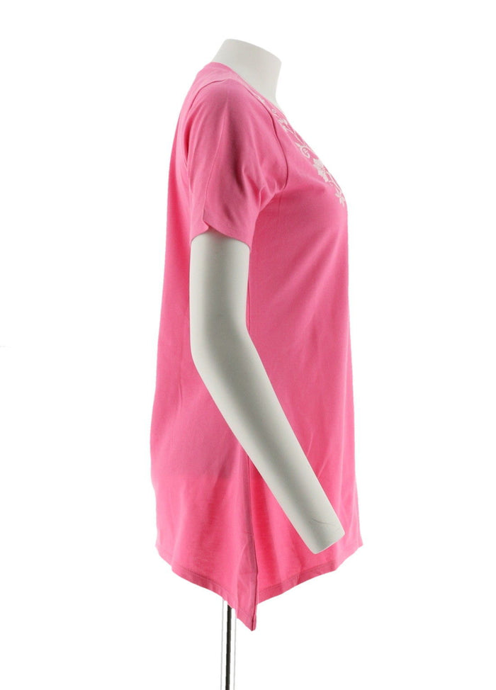 Women's Short Sleeve Shirt -Trapeze Hem, Embroidered, Knit Top Azalea Pink