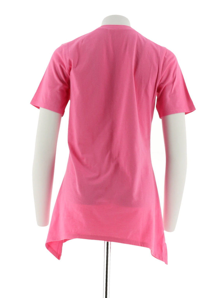 Women's Short Sleeve Shirt -Trapeze Hem, Embroidered, Knit Top Azalea Pink