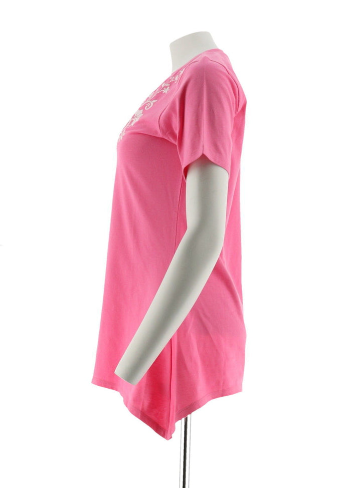 Women's Short Sleeve Shirt -Trapeze Hem, Embroidered, Knit Top Azalea Pink