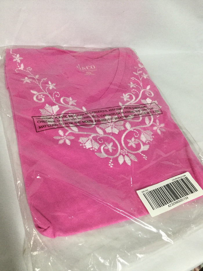Women's Short Sleeve Shirt -Trapeze Hem, Embroidered, Knit Top Azalea Pink