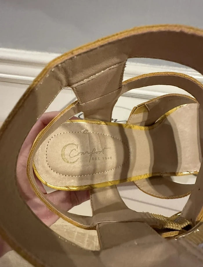 Women's Strappy Chunky Block Heel Sandals Golden Croc Texture – Size 10 New