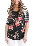 Women's Striped 3/4 Sleeve Floral Print T-Shirts Casual Blouse Tops Black -Small