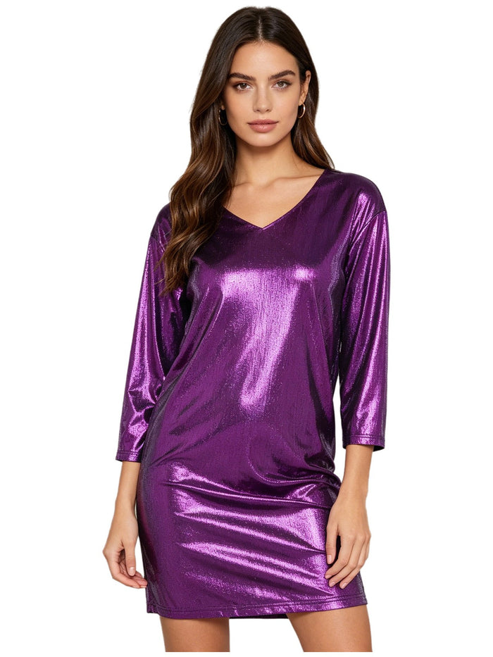 Womens T-shirt Bachelor Party Dress Pencil Bodycon 3/4 Sleeve Metallic Pockets